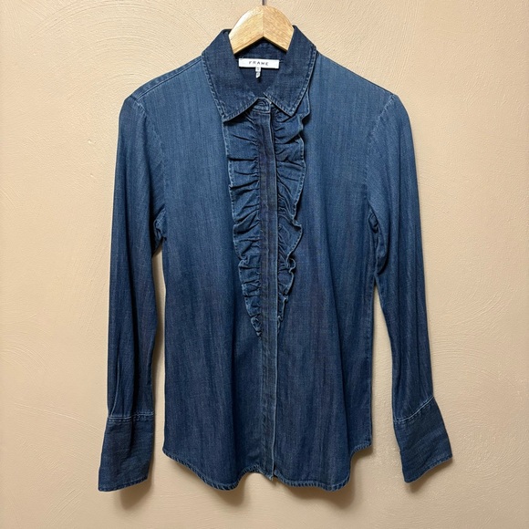 FRAME Ruffle Tux Denim Shirt In Blue Size XS - Picture 4 of 10